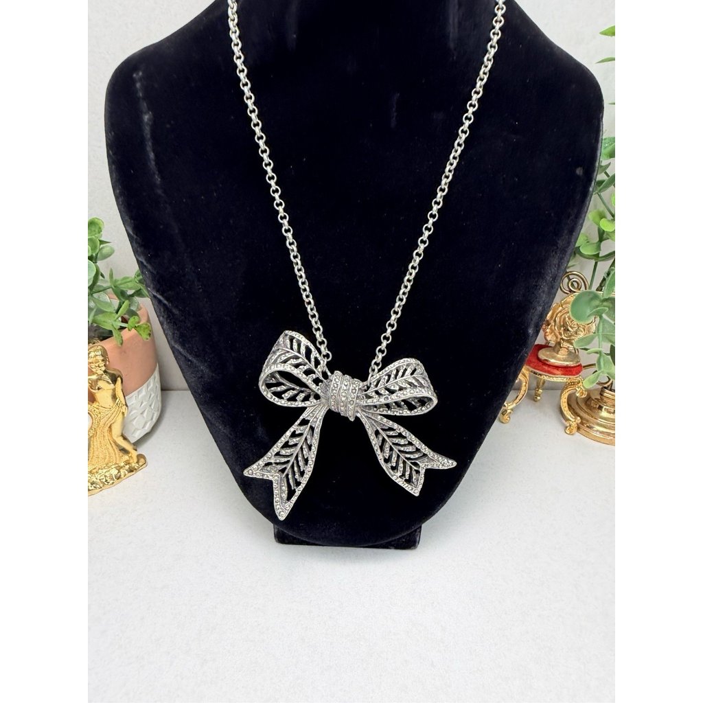 Rachel Silver Tone Bow Necklace Large Statement Pendant 20